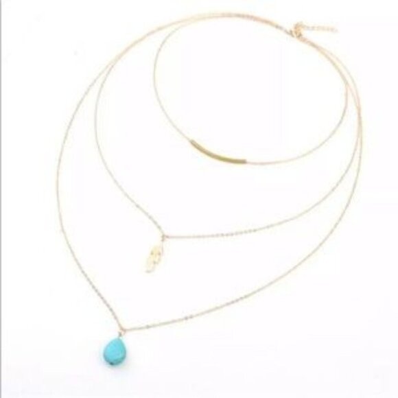 Gold Feather & Turquoise Layered Necklace - Picture 1 of 2